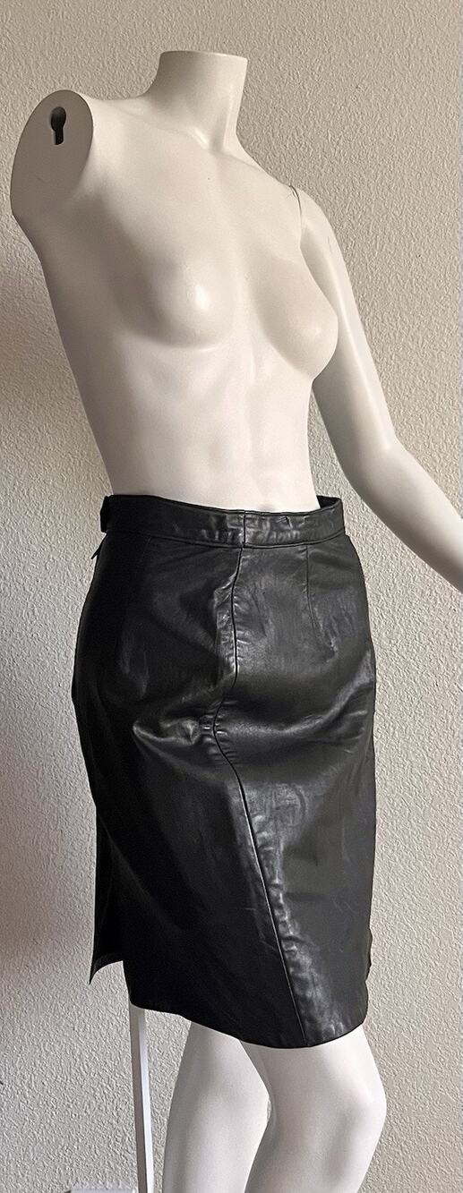 Vintage Christian Lauren Black Leather High Waist Straight Pencil Skirt Sz 9/10